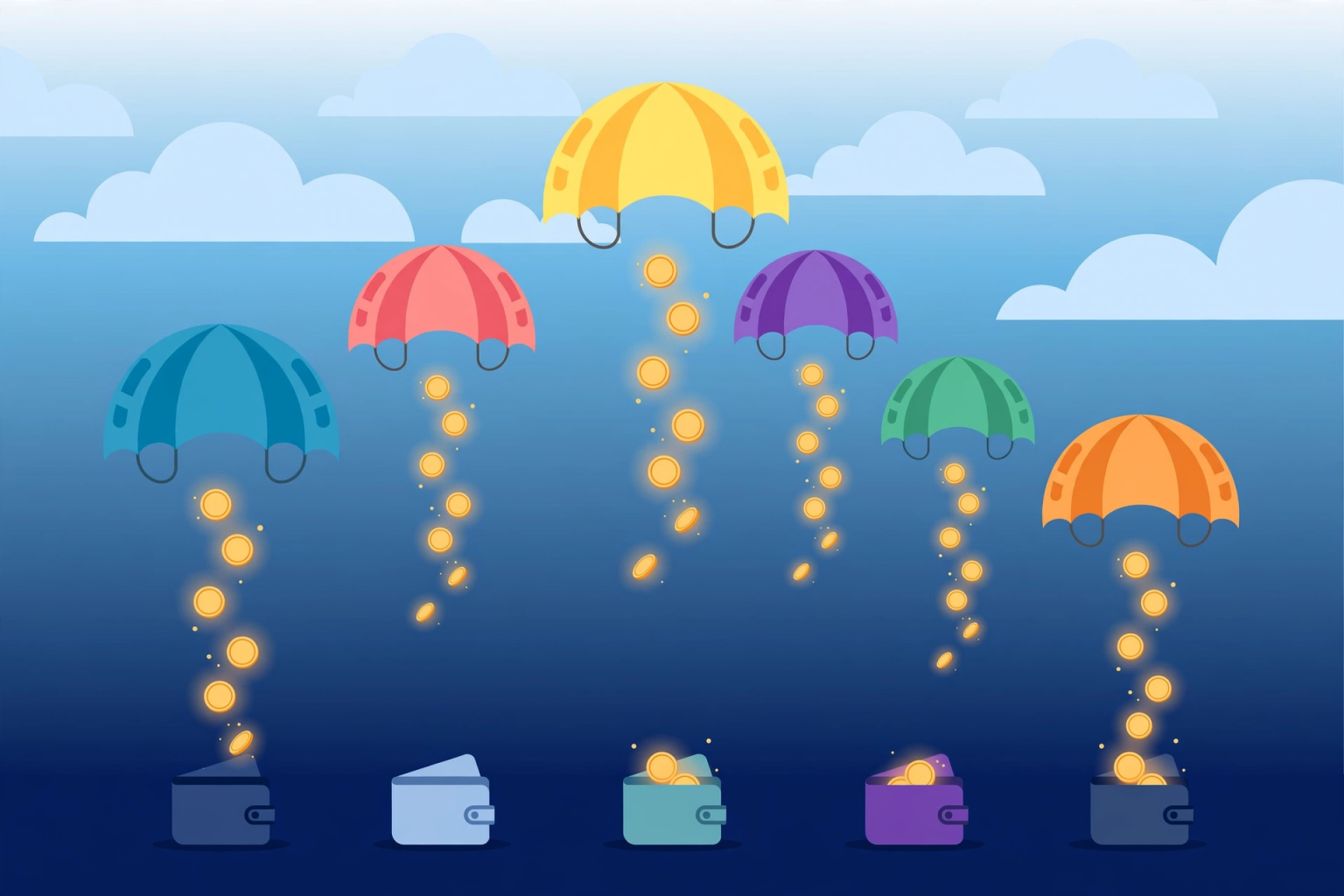 Illustration of parachutes dropping crypto coins to wallets below