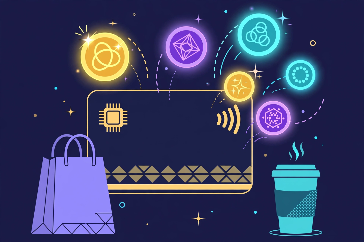Illustration of a credit card paying crypto coins as cashback rewards