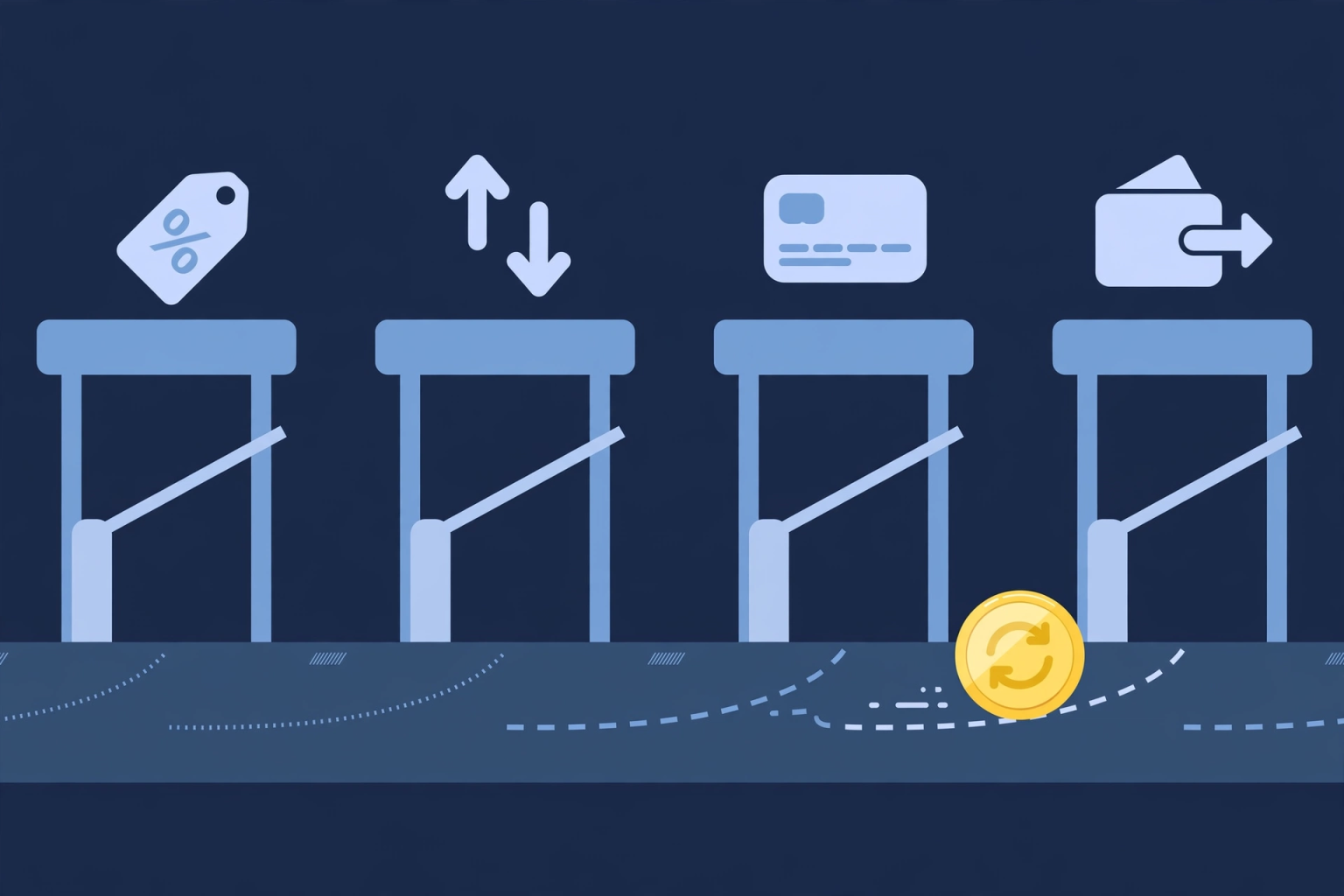 What Is Liquidity in Crypto? Why It Decides Your Swap Price (2026) Illustration of four toll booths representing commission, spread, deposit and withdrawal fees
