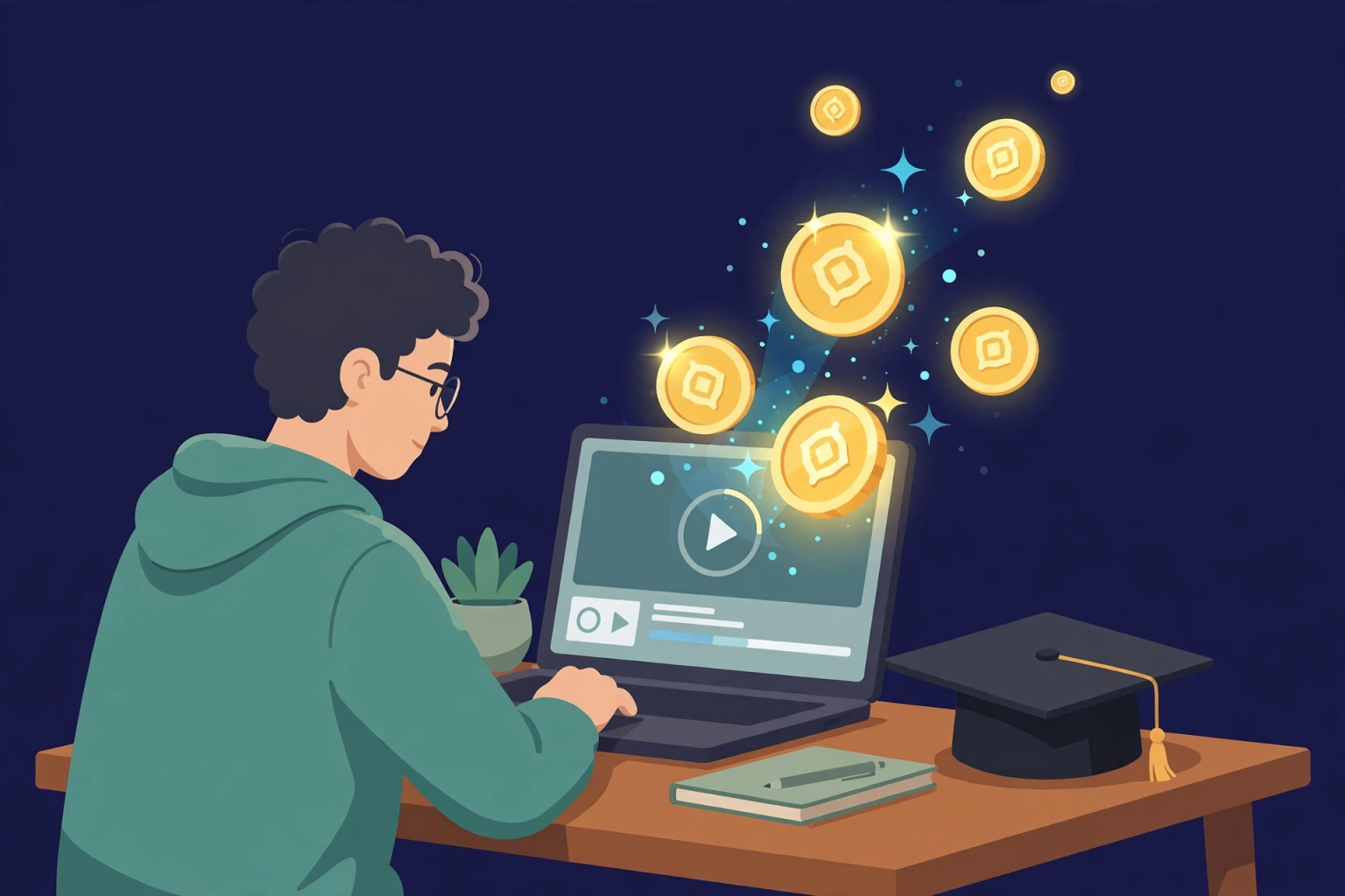 Illustration of a person learning on a laptop while crypto coins pop out as rewards