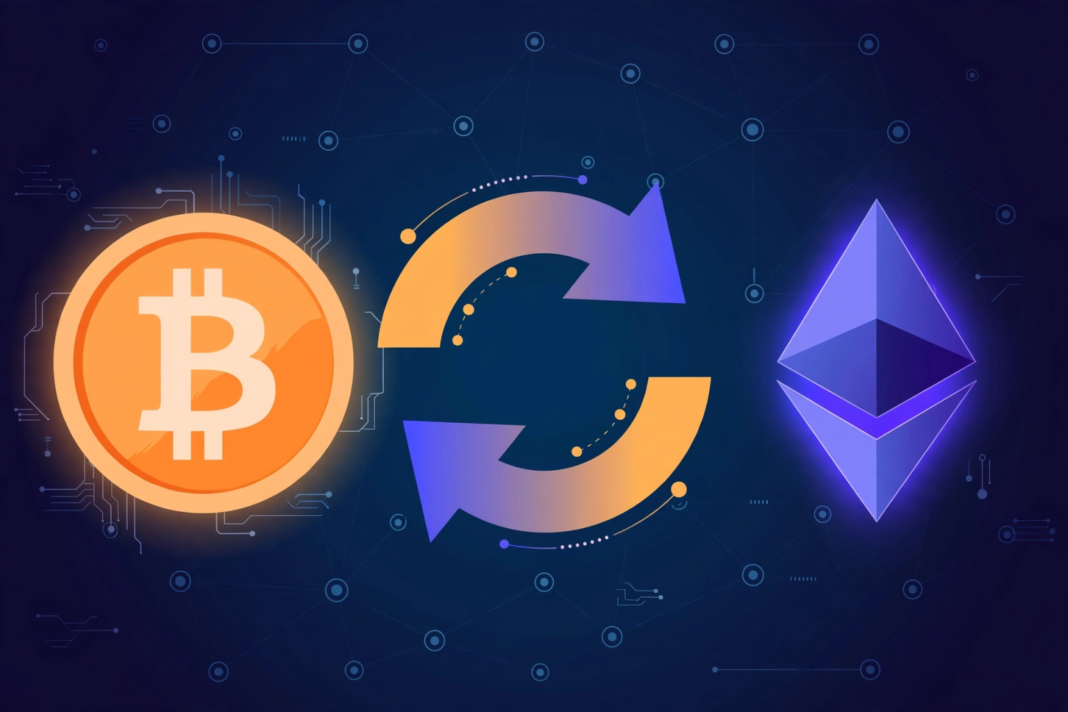 Illustration showing a Bitcoin to Ethereum swap with circular exchange arrows